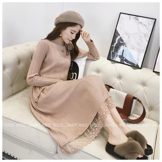 Đầm Bầu Thu Đông : Váy Len Maxi Kiểu Dáng Hàn Quốc Phối Ren Điều Chình Eo