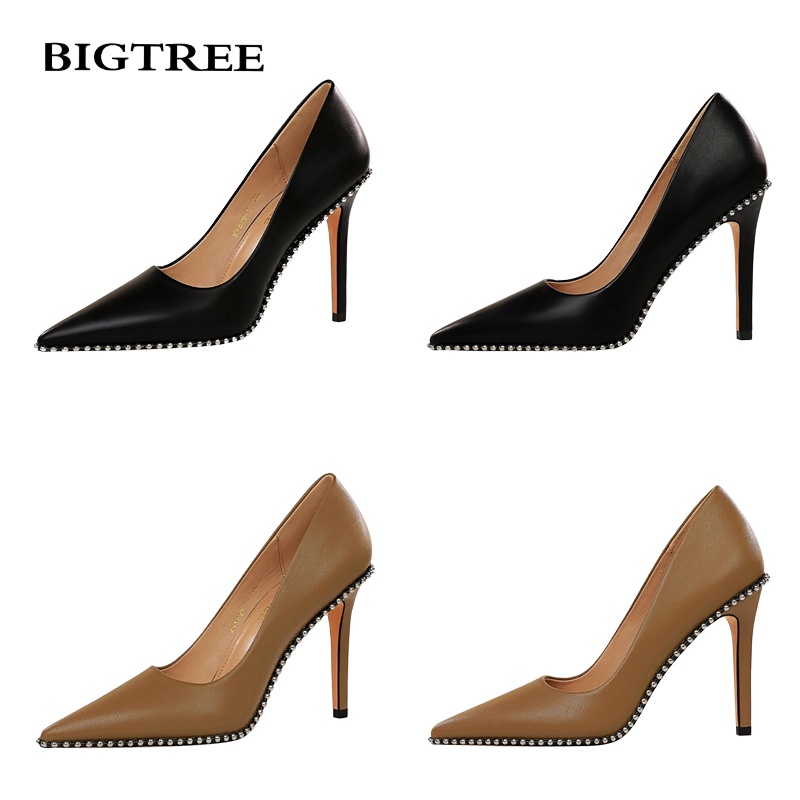 BIGTREE Giày Cao Gót 10.5cm Mũi Nhọn Miệng Nông Trang Trí Đinh Tán Plus Size Cho Nữ Mall-1829-3