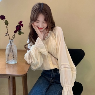 Áo sơ mi nữ trắng kiểu Hàn dài tay, áo bánh bèo nữ be cổ tròn phối viền 2023