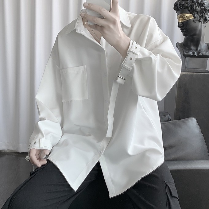 Áo Sơ Mi Tay Dài Dáng Rộng Màu Sắc Đơn Giản Phong Cách Hàn Quốc Cho Nam Giới