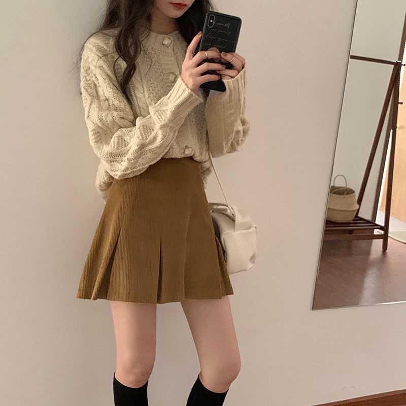 COZOK Chân váy xếp ly lưng cao kiểu dáng đơn giản phong cách retro