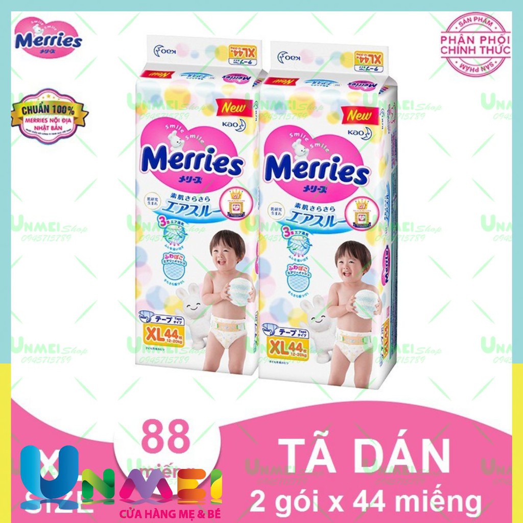 Combo 2 Tã/bỉm dán Merries size XL - 44 miếng (Cho bé 12 - 20 kg)