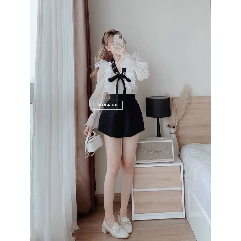 Sét Bộ Nữ 2 Món Áo Voan Tơ Có Lót Phối Dây Nơ Kết Hợp Quần Đùi Cotton Lạnh Mặc Đẹp Thời Trang Mới NEW UNISEX