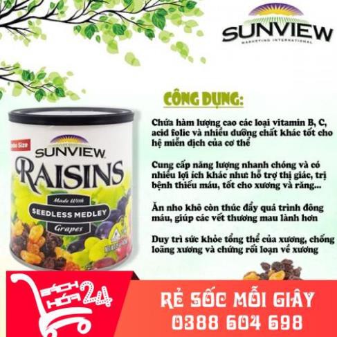 Nho khô mỹ không hạt Sunview Raisins Mỹ 425g { Luôn Cập Nhật DATE mới }