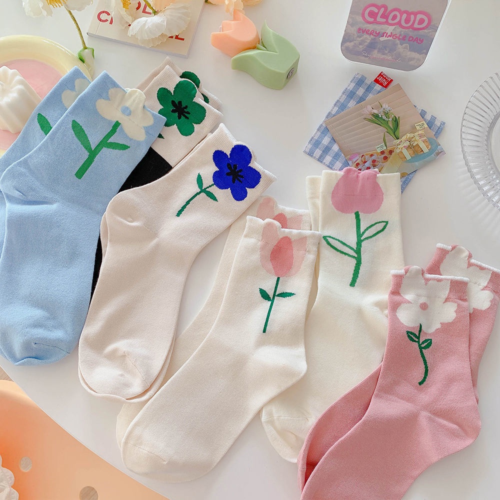 Vớ Cotton Mỏng Màu Trắng Họa Tiết Hoa Thời Trang Mùa Hè Phong Cách Nhật Hàn Cho Nữ
