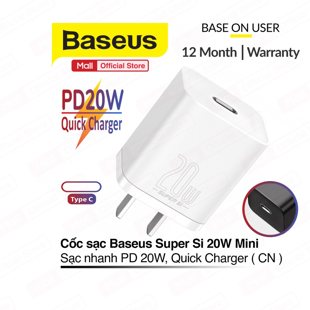 Củ sạc nhanh PD 20W BASEUS Super Si 1 cổng Type-C, Quick Charger, chân cắm tiêu chuẩn ( EU/CN )