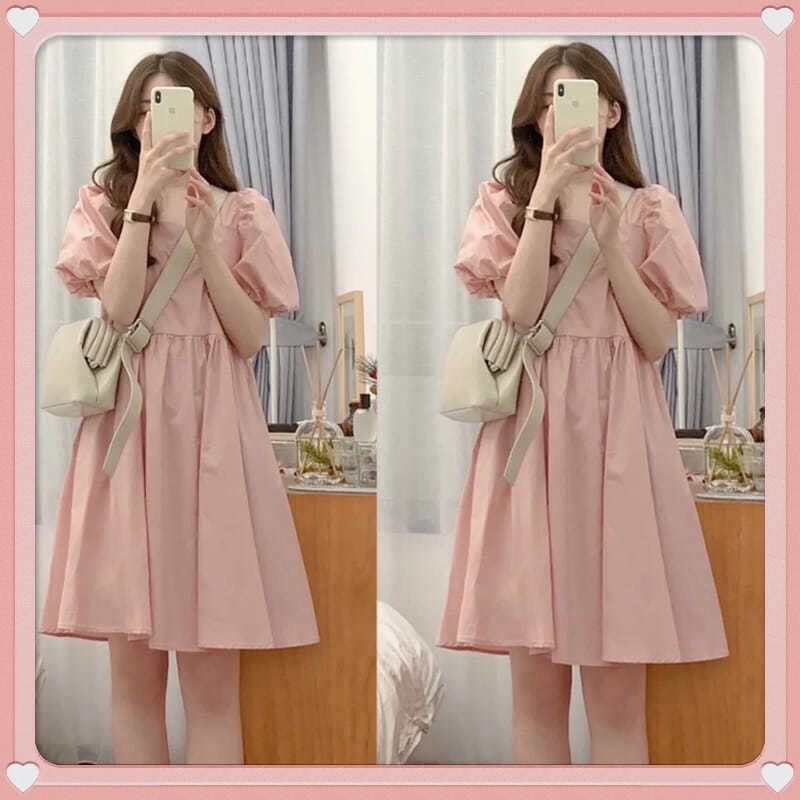 Váy babydoll trắng xinh bigsize cổ vuông hồng nữ cute mùa hè Đầm