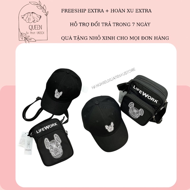NÓN LƯỠI TRAI ,TÚI ĐEO CHÉO MINI BAG life workk logo chó