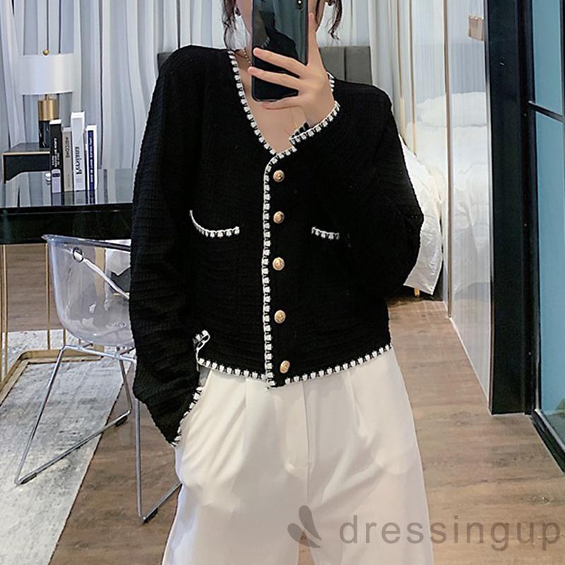 Áo croptop dệt kim tay dài cổ chữ V dáng rộng cài nút kiểu retro cho nữ