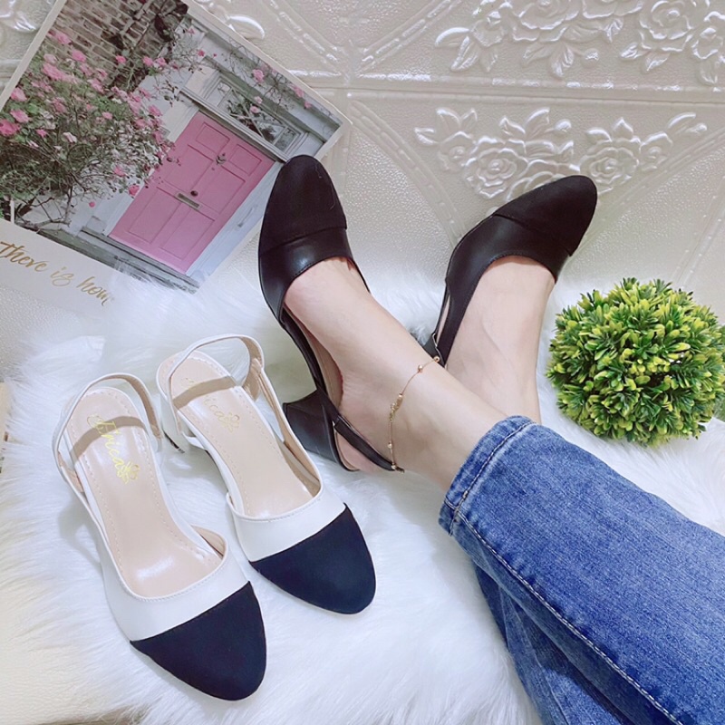 Giày Sandal vá mũi da lộn cao gót 5-7p chà nel công sở thanh lịch