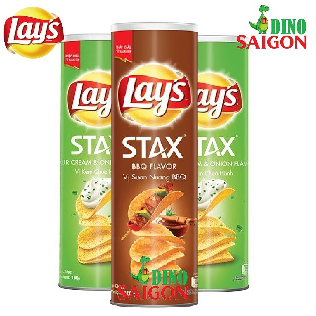 Combo 3 Hộp Bánh Snack Khoai Tây Lay's Stax Malaysia 160g gồm 2 vị Kem Chua Hành và 1 vị Sườn nướng BBQ