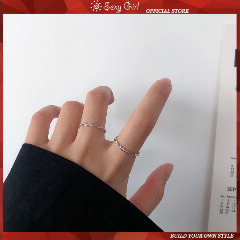 Set 2 nhẫn hở điều chỉnh được thiết kế gợn sóng đơn giản phong cách Hàn Quốc thời trang làm quà tặng dành cho nữ
