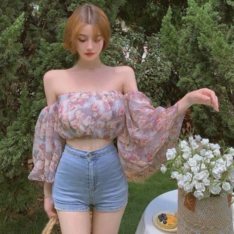 Áo kiểu croptop trễ vai tay dài phồng cúp ngực hoa nhí tiểu thư voan - Order taobao quảng châu