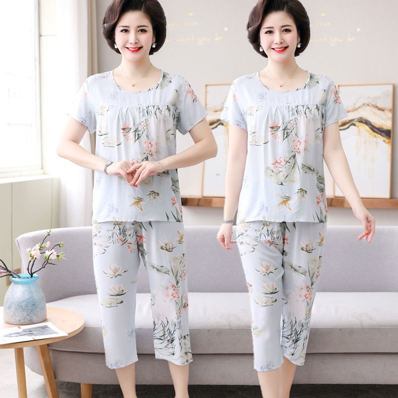 giá rẻ đẹpBộ đồ ngủ dành cho mẹ, loại mỏng mùa hè, quần áo lụa cotton thông thường người trung niên và già, rộ