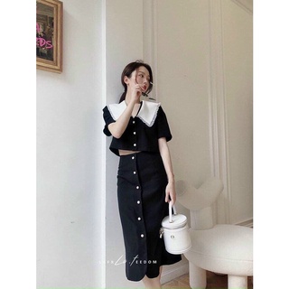 Sét đầm voan áo croptop cổ vét phối chân váy qua gối cực cute ttsa1316