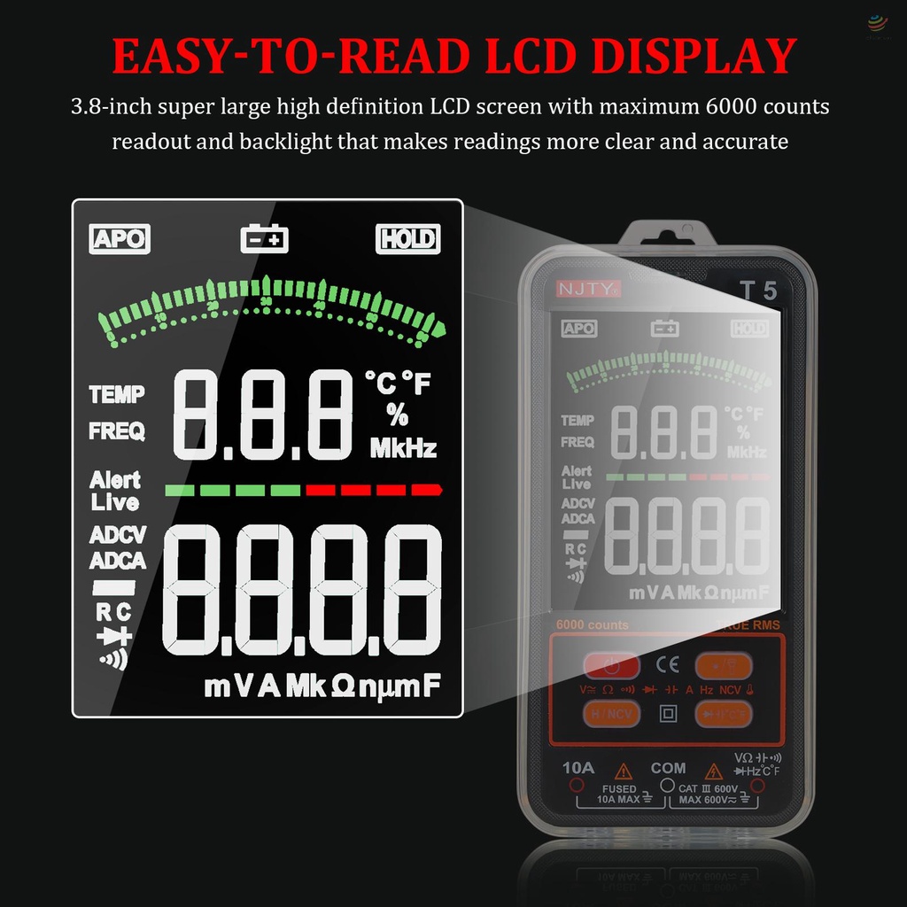 Đồng Hồ Vạn Năng Kỹ Thuật Số NJTY T5 6000 Đếm RMS Màn Hình LCD 3.8-inch 600V Vôn Kế AC / DC 10A
