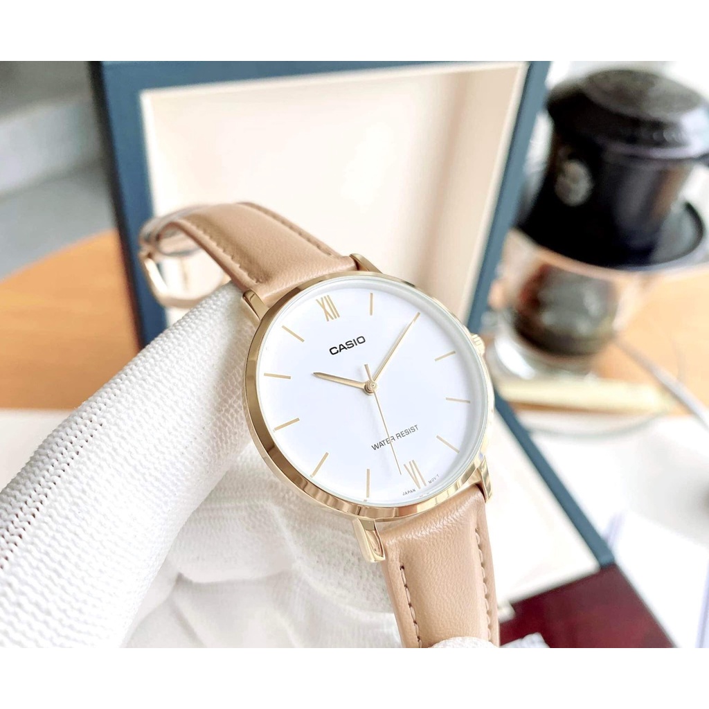 Đồng hồ Nữ Casio LTP-VT01GL-7B, đồng hồ chính hãng, dây da be mặt trắng, viền vàng