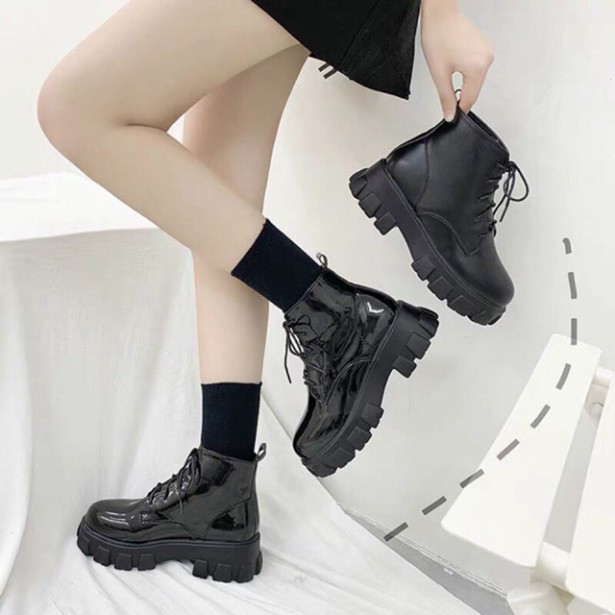 Giày Boots Ulzzang nữ SNU03 da bóng da trơn cổ lửng đế độn 5cm đế to bự bằng đơn giản đi chơi đẹp mẫu mới buộc dây