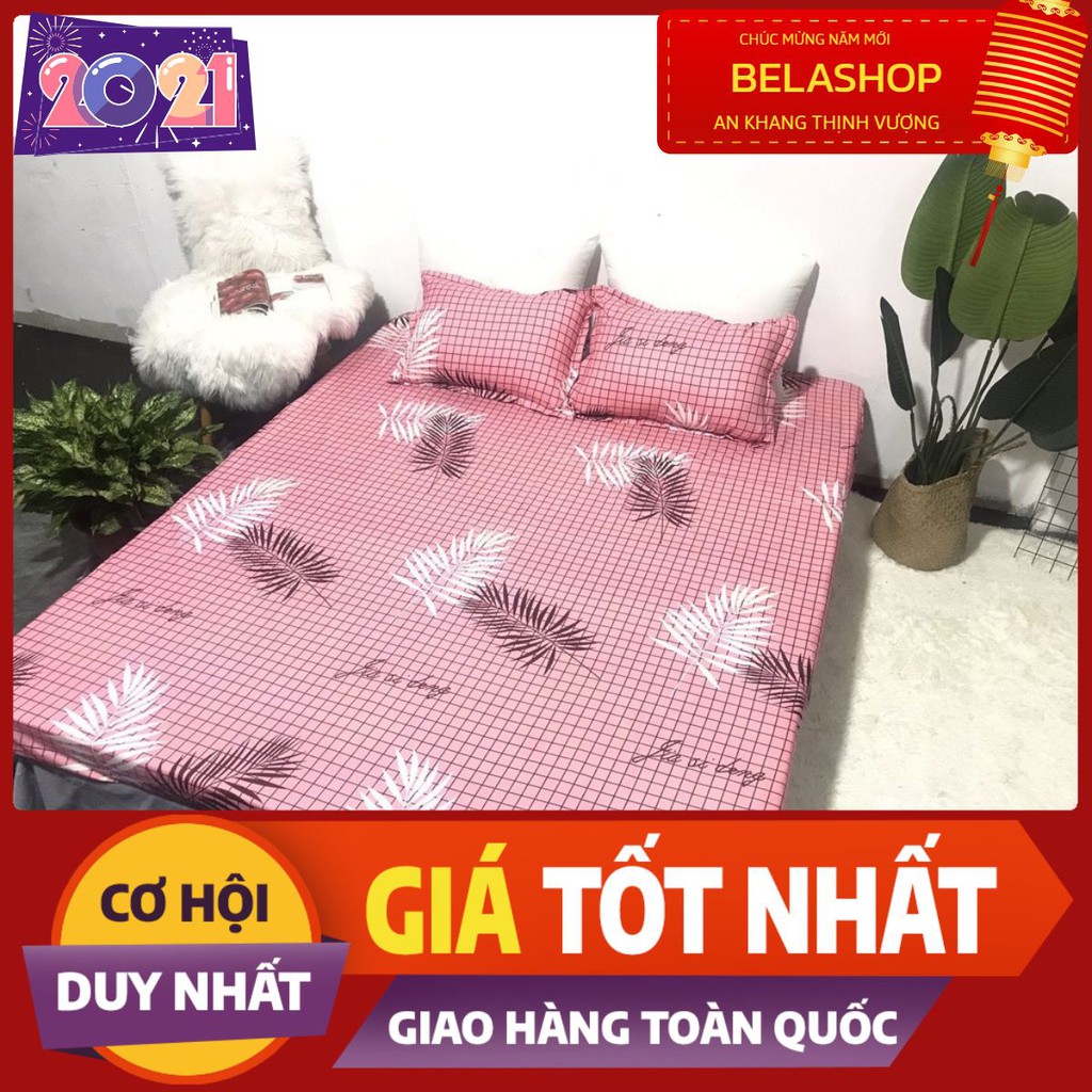 [Bộ ga gối 3 món]Bộ Ga Gối Cotton PoLy Hàn Quốc 1m2,1m4,1m5,1m6,1m8,lá trắng nền hồng