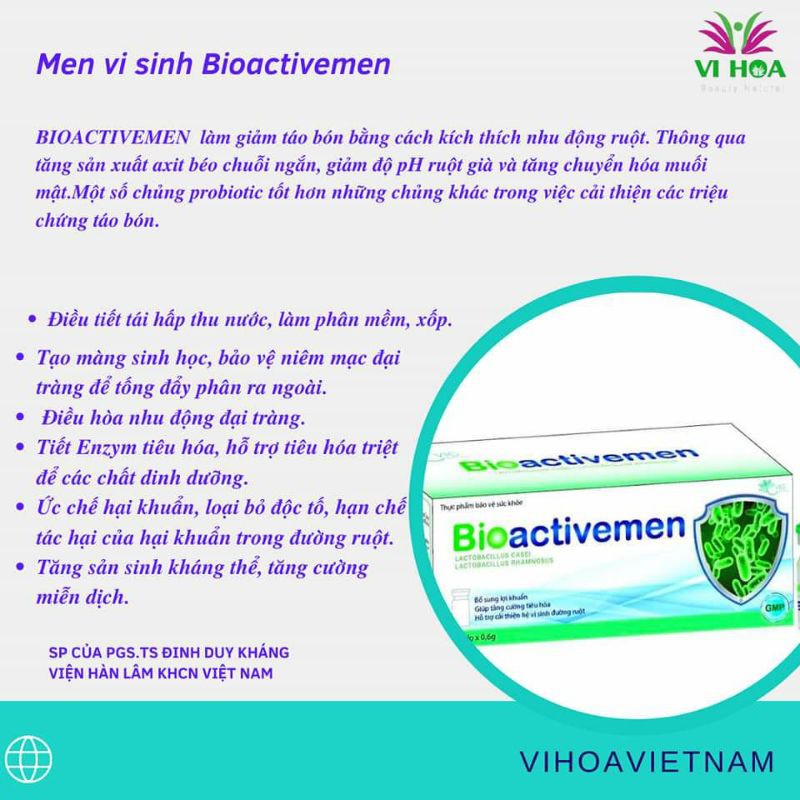 Men vi sinh Bioactivemen _ Ổn định tiêu hóa, giảm táo bón, tiêu chảy, rối loạn tiêu hóa [Viện hàn lâm KH$ CN VN]