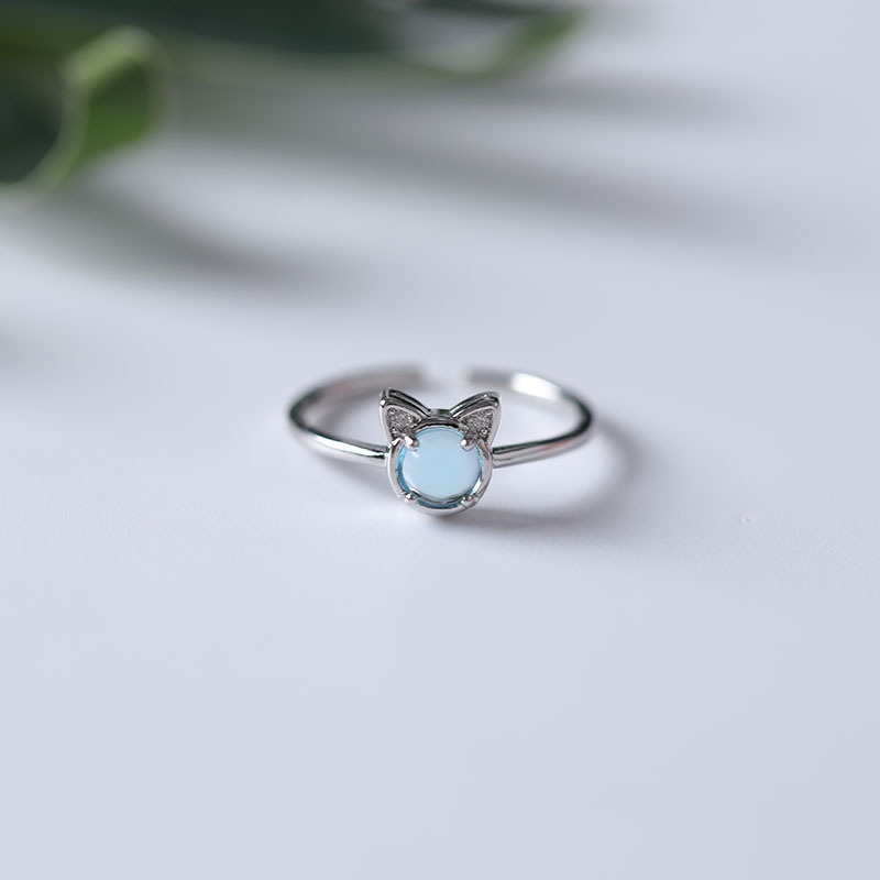 Nhẫn Hở Hình Mèo Đính Kim Cương Giả Màu Xanh Dương Sáng Tạo Thích Hợp Làm Quà Tặng Cho