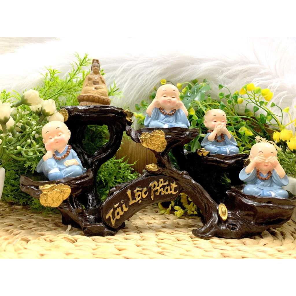 Full Set Quan Âm Bồ Tát và các Chú Tiểu tọa đế Tài Lộc Phát (Hình Thật)