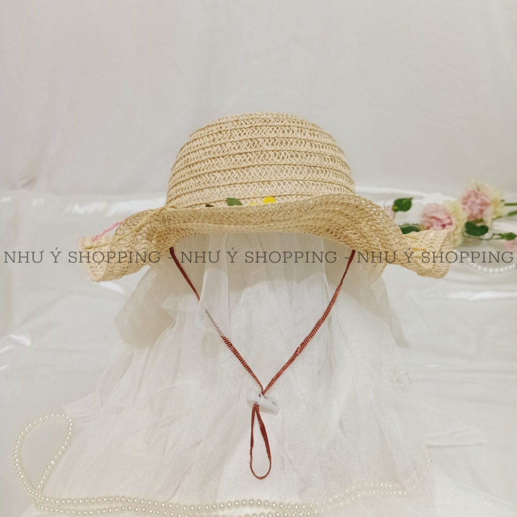 Nón mũ cói mềm vành lượn sóng hoa lá tiểu thư xinh cho bé gái có dây rút điều chỉnh,trên 4 tuổi vừa-q12 sóng bé