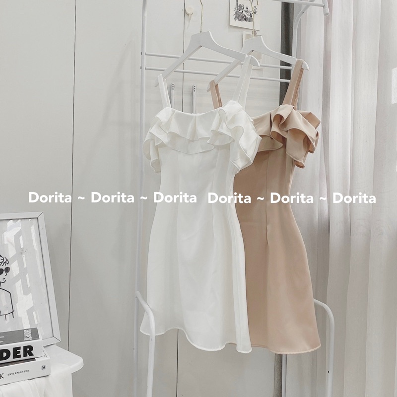 Váy 2 dây trễ vai viền bèo, Váy trắng dự tiệc viền bèo dáng xòe