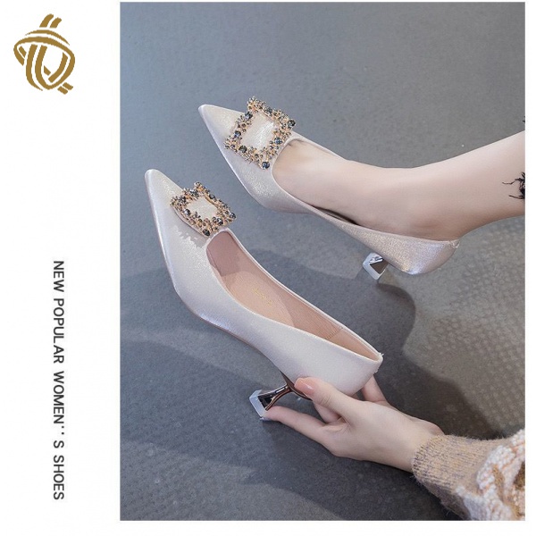 Giày Cao Gót 5cm Mũi Nhọn Bằng Satin Phong Cách Mùa Thu Mới 2021