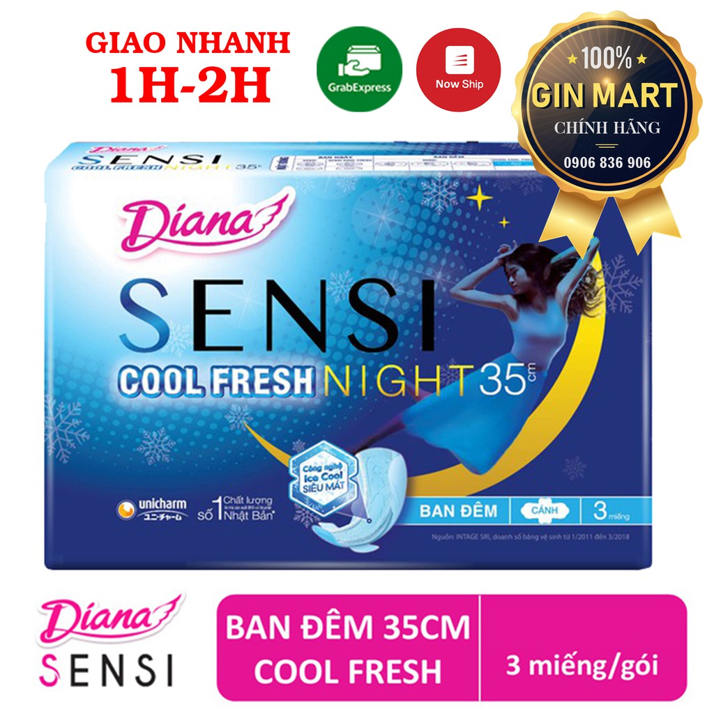 Băng vệ sinh Diana Sensi Cool Fresh Night Gói 3 miếng 35cm/ Gói 4 miếng 29cm