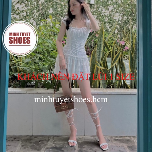 Giày cao gót vuông 7cm mũi hở dây quấn cổ chân Minhtuyetshoes kiểu chiến binh mẫu mới 2023
