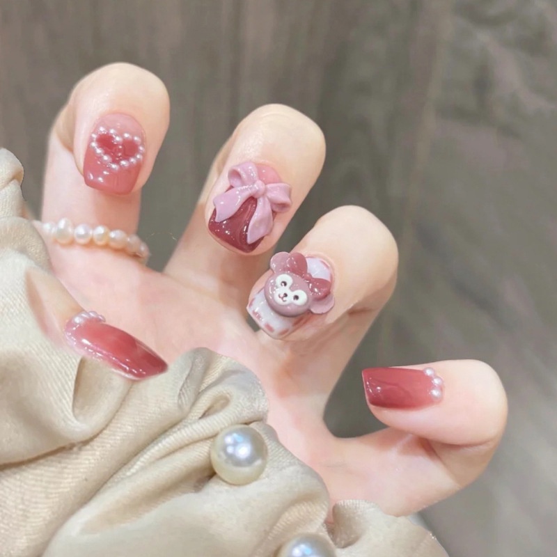 Set 24 móng tay giả ngắn bằng acrylic màu gradient họa tiết hoạt hình 3D kèm keo dán tiện lợi cho salon
