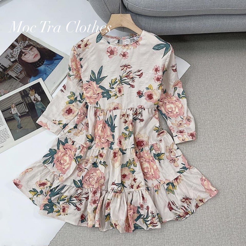 Váy suông hoa babydoll nhún đuôi cá tay dài tiểu thư siêu xinh, Đầm xuông hoa dự tiệc sang trọng lịch sự