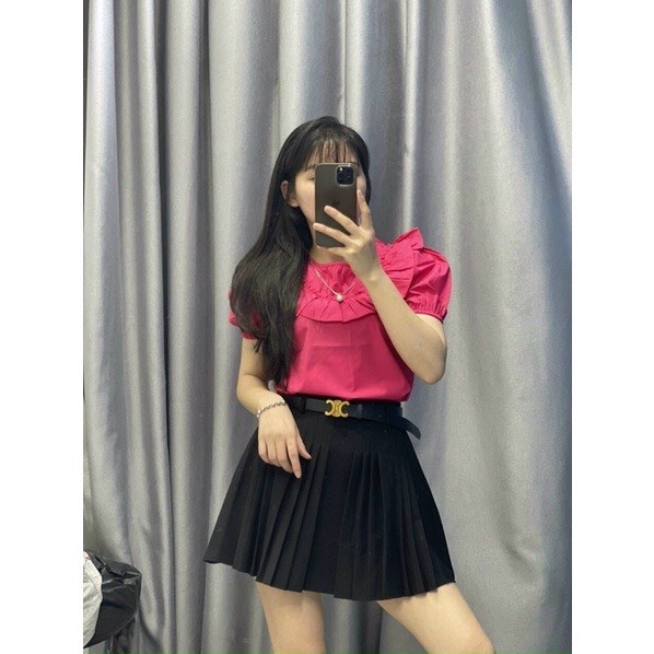 Áo kiểu nữ áo sơ mi nữ đẹp ngắn tay chất thô mát cổ tròn phối bèo siêu xinh A418