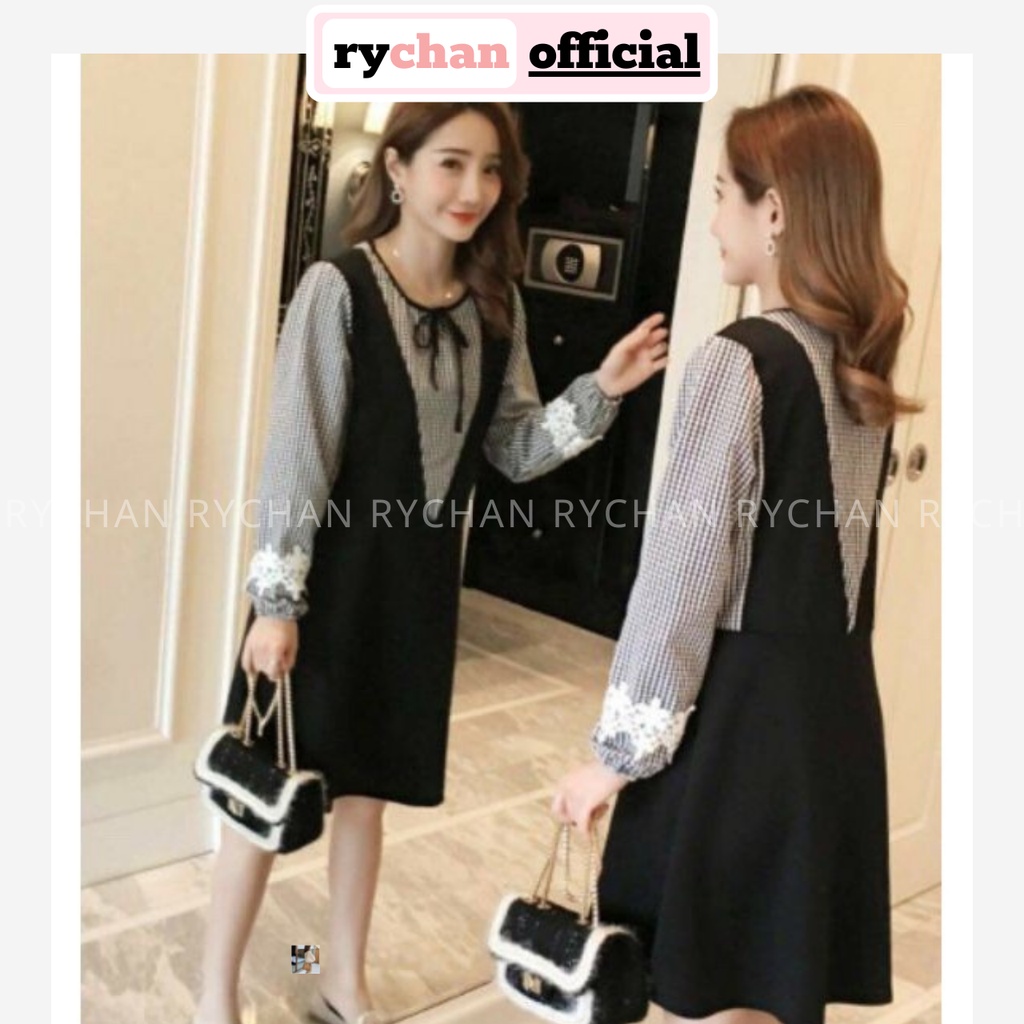 [ẢNH THẬT CUỐI] Đầm Xòe Caro Phối Đen Nơ Cổ - DX683