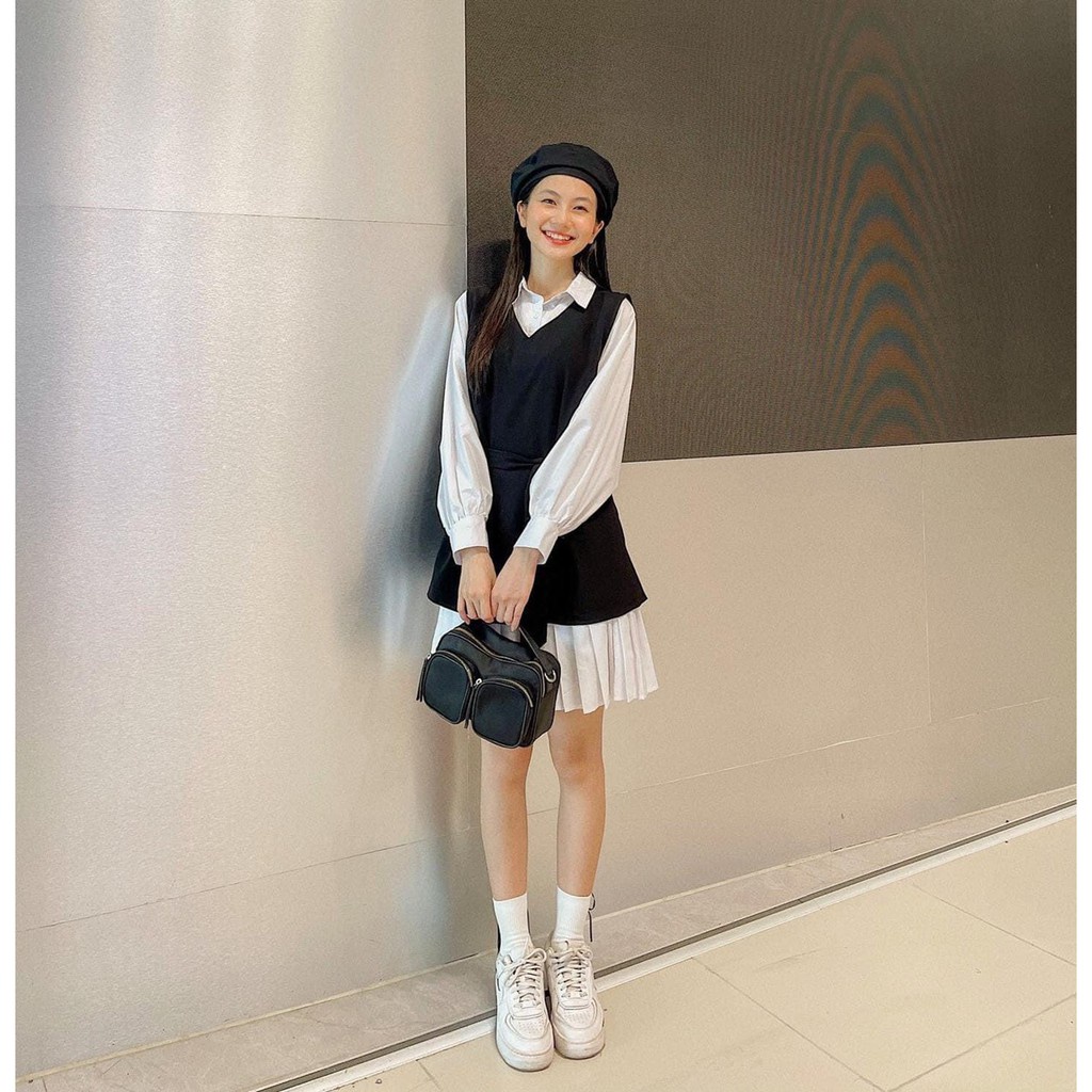 Set váy babydoll trắng + gile mặc ngoài ulzzang