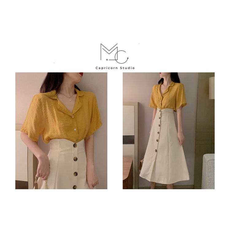 Set áo sơ mi vàng nghệ kết hợp váy dài lưng cao nhẹ nhàng thanh lịch phù hợp đi làm, đi chơi [MinC.Studio - MCS015]
