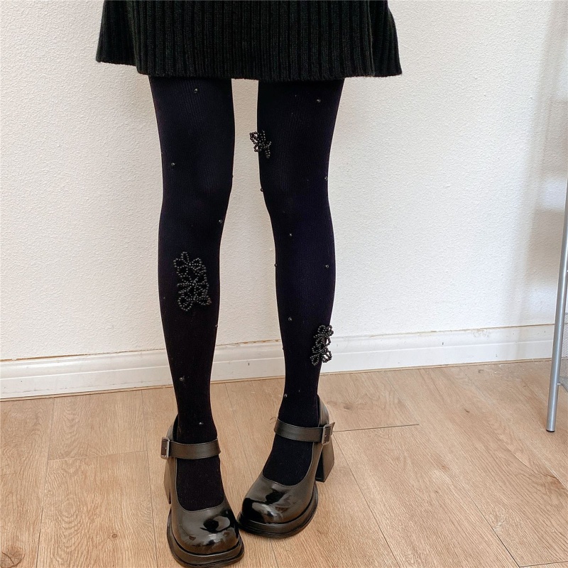 Xiangbao Quần Tất Đính Hạt Ngọc Trai Giả Thắt Nơ Màu Trơn Kiểu Lolita Mùa Thu Cho Nữ