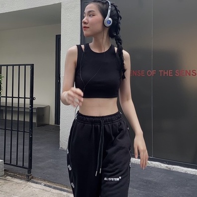 Áo ba lỗ khoét vai, croptop trơn giả hai áo, màu đen thun gân co giãn Kill System