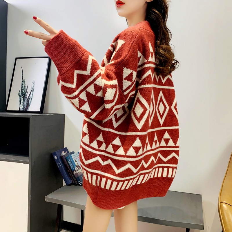 Áo Cardigan Dệt Kim Tay Dài Cổ Chữ V Hoạ Tiết Hình Học Xinh Xắn Cho Nữ