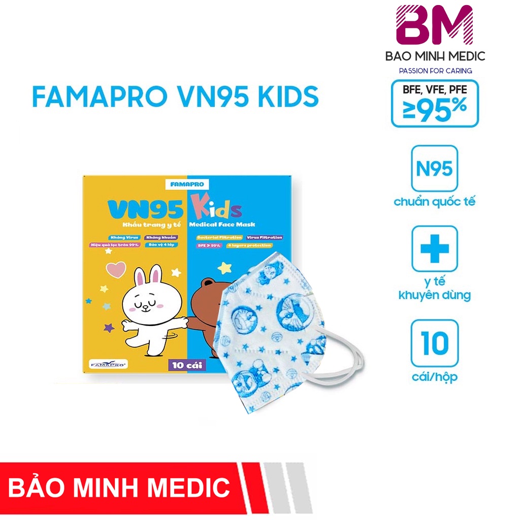 Khẩu trang y tế chính hãng cao cấp 4 lớp Famapro VN95 cho trẻ từ 3 đến 10 tuổi (10 cái/hộp)