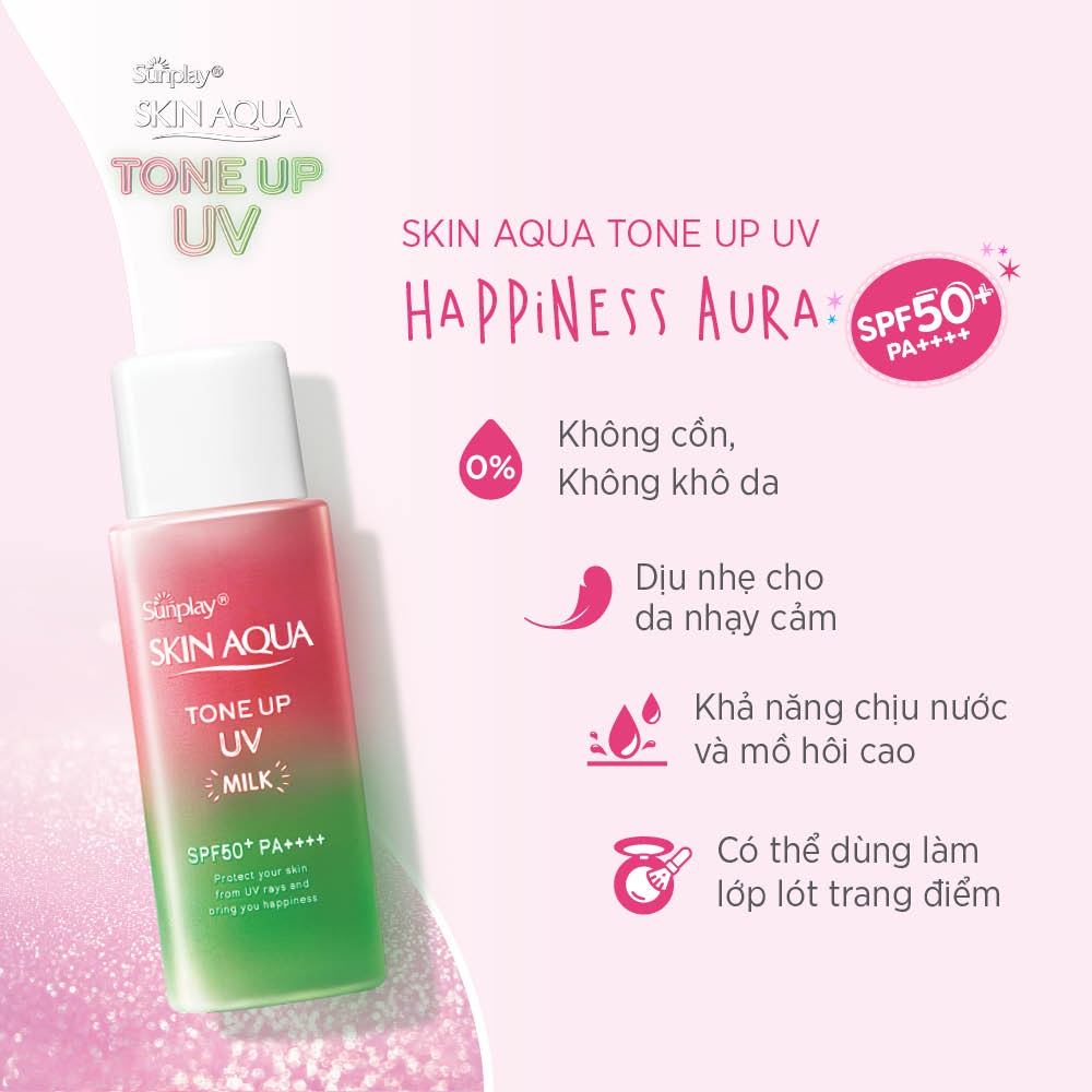 Kem chống nắng nâng tông da tái xanh dạng sữa Sunplay Skin Aqua Tone Up UV Milk Happiness Aura (Rose) SPF 50+ PA++++ 50g
