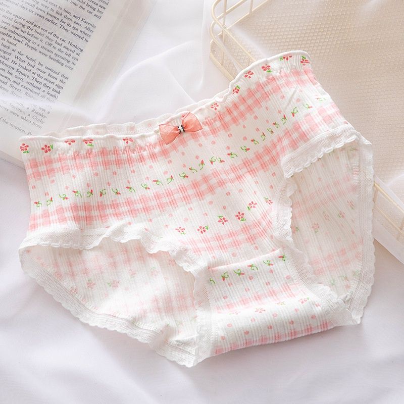 Quần Lót Cotton Gân Tăm Phối Nơ Hoạ Tiết Hoa Hồng Dễ thương 1718
