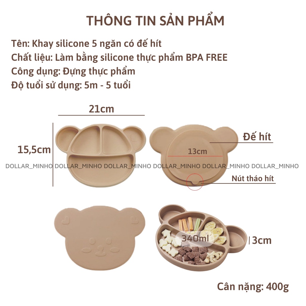 Chính Hãng- Khay ăn dặm silicone size bé 5 ngăn cho bé từ 5m+, ăn dặm blw, ăn dặm kiểu nhật có đế hít chống đổ, free BPA