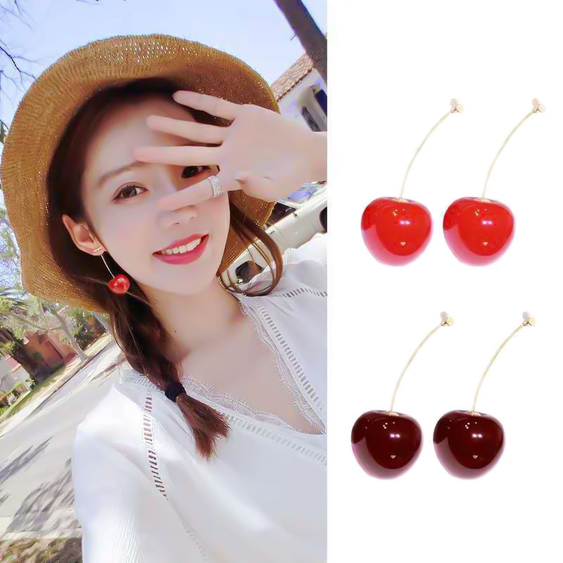 Khuyên Tai Hình Trái Cherry Màu Đỏ Rượu Vang Đỏ Bằng Nhựa Resin Dễ Thương Dành Cho Bạn Gái