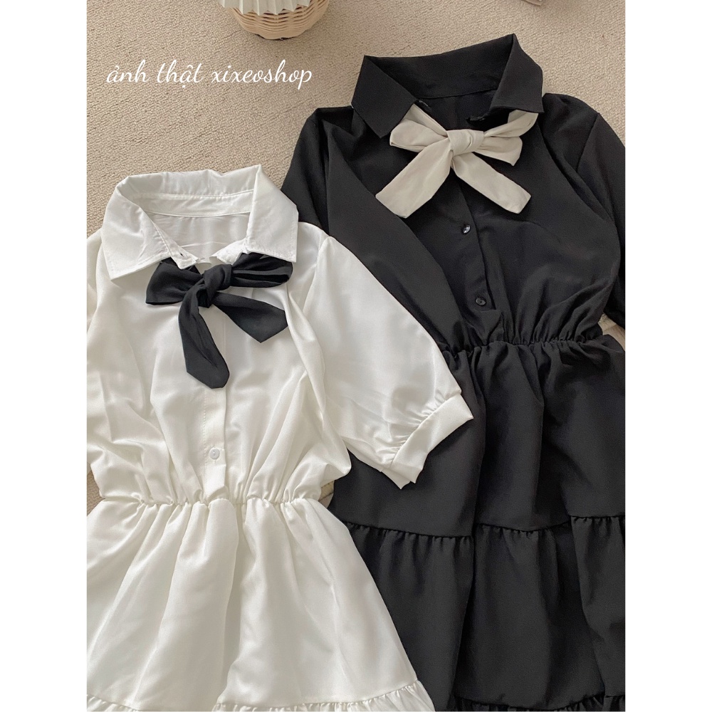 Váy đầm babydoll cổ nơ đen trắng, đầm dáng xoè tay phồng siêu xinh xixeoshop - V18