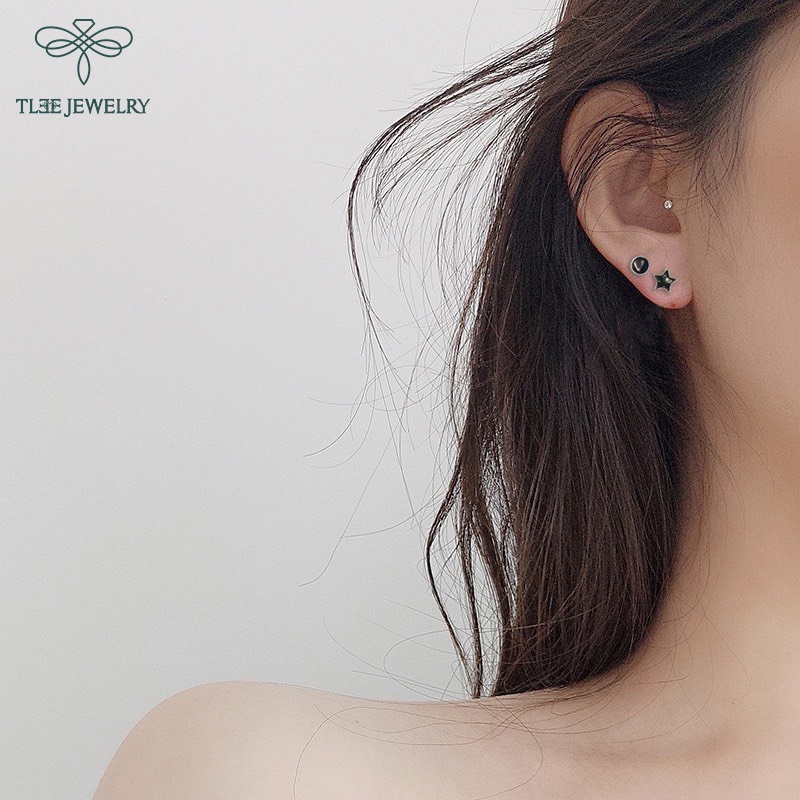 Khuyên tai bạc TLEE unisex hình khối đá đen cá tính TleeJewelry B0181