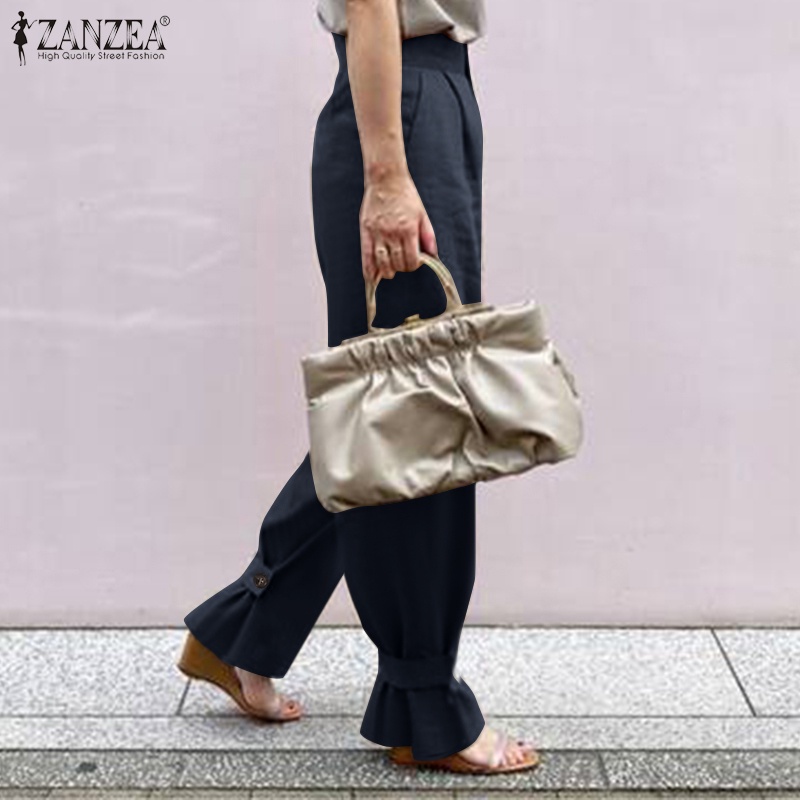 Quần dài ZANZEA ống rộng lưng thun có túi thời trang cho nữ