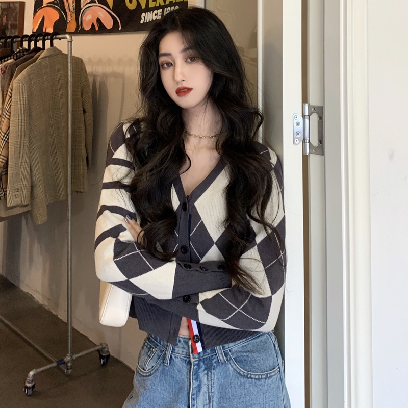 Áo khoác cardigan dệt kim tay dài họa tiết caro kim cương phong cách Anh Quốc thời trang mùa thu