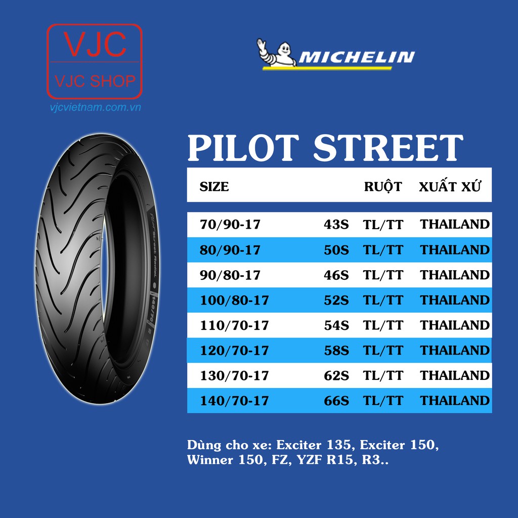 Lốp xe máy Michelin Pilot Street các cỡ cho vành 17 Inch